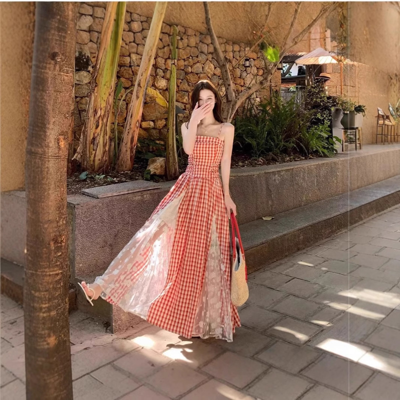 Blue and White Plaid Patchwork Lace Suspender Dress for Women, Spring 2026 New Style, Waist-Cinching A-Line Slimming Long Dress with a Large Hem