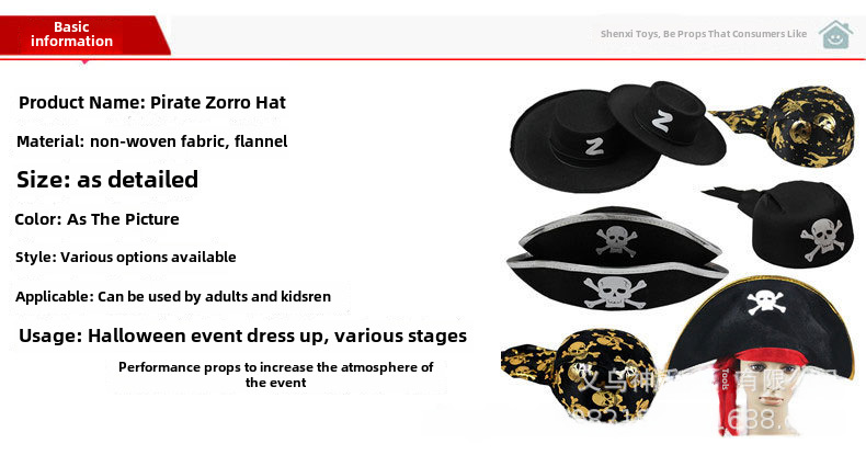 Travestimento da fantasma di Halloween Pirati dei Caraibi Costume Cappello da capitano Cappello da pirata zucca Cappello da Zorro_voghion.com