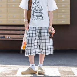 复古格纹宽松廓形七分裤男女夏季美式简约通勤休闲百搭宽松短裤潮