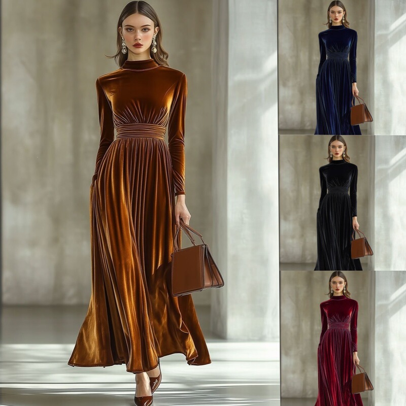 Women's New Autumn and Winter Velvet Long-Sleeve Dress, Waist-Cinching, Slimming, Elegant Style, Long Skirt with a Large Hem Women's New Autumn and Winter Velvet Long-Sleeve Dress, Waist-Cinching, Slimming, Elegant Style, Long Skirt with a Large Hem