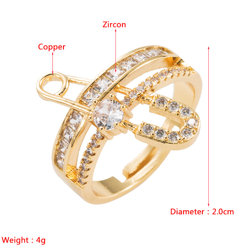 Fashion Copper Gold-plated Micro-inlaid Zircon Geometric Pearl Pin Ring display picture 1