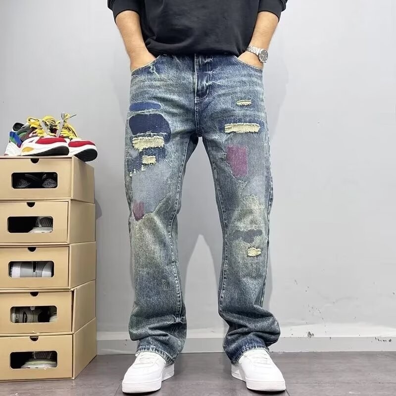High-end Retro Ripped Jeans Men's Trendy Brand Personalized Scratched Patch Embroidery Slim Straight Pants Men's Spring And Autumn_mkmklike.com