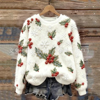 Shengmiao Christmas Berry Snowflake Flannel Crewneck Sweatshirt White 3D Digital Print Festive Atmosphere Outfit Shengmiao Christmas Berry Snowflake Flannel Crewneck Sweatshirt White 3D Digital Print Festive Atmosphere Outfit