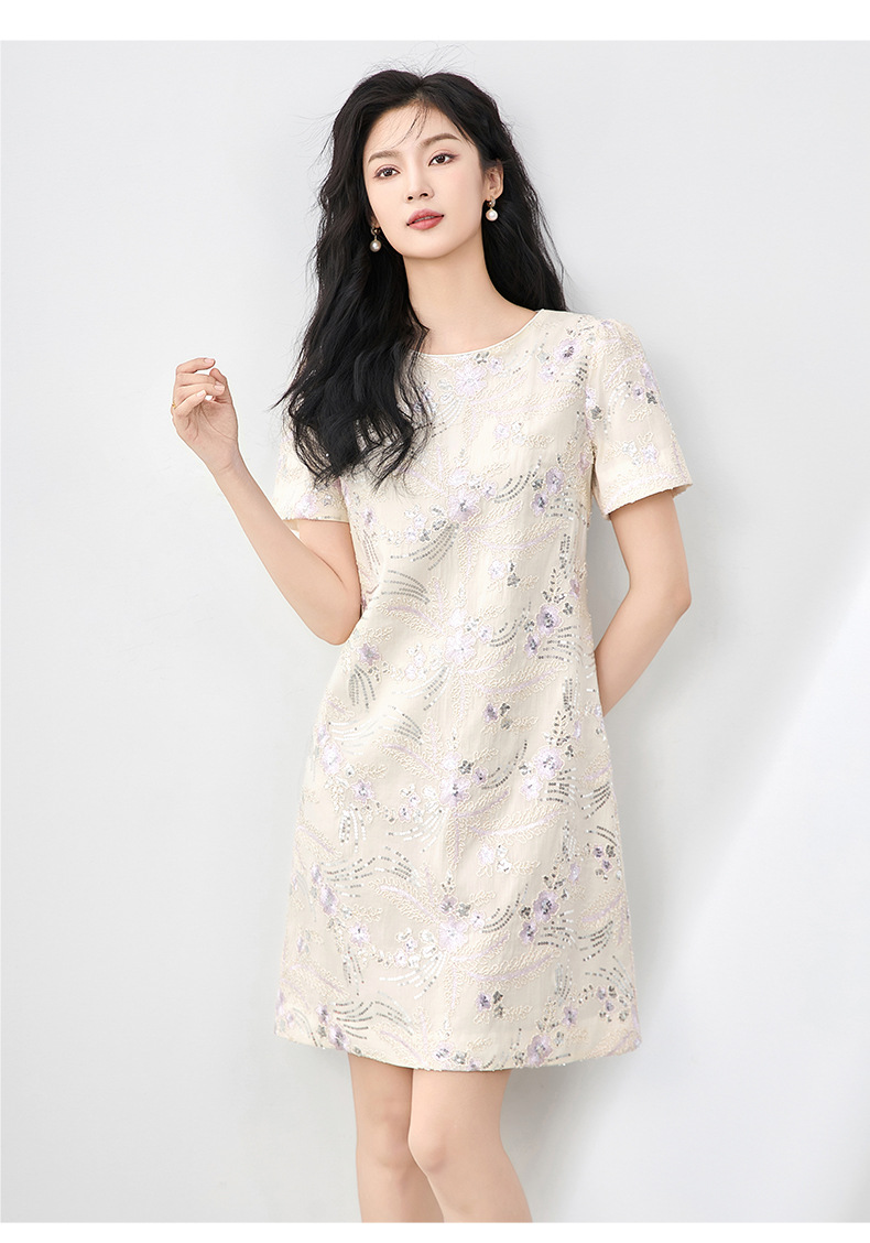 Váy chữ A thêu hoa đính sequin tinh tế, quý phái, dáng suông midi — Màu hồng chi tiết 13