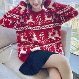 欧美跨境圣诞节麋鹿加厚毛衣女秋冬新款宽松慵懒风外穿套头针织衫