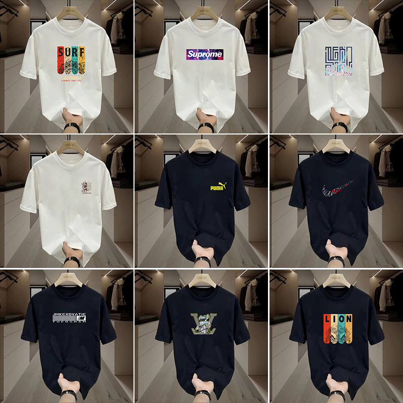 New 2025 Pure Cotton Short-Sleeve Trendy Men's T-Shirt, Large Size, National Fashion, Loose Fit, Round Neck, Printed Trendy Top, Ins Style