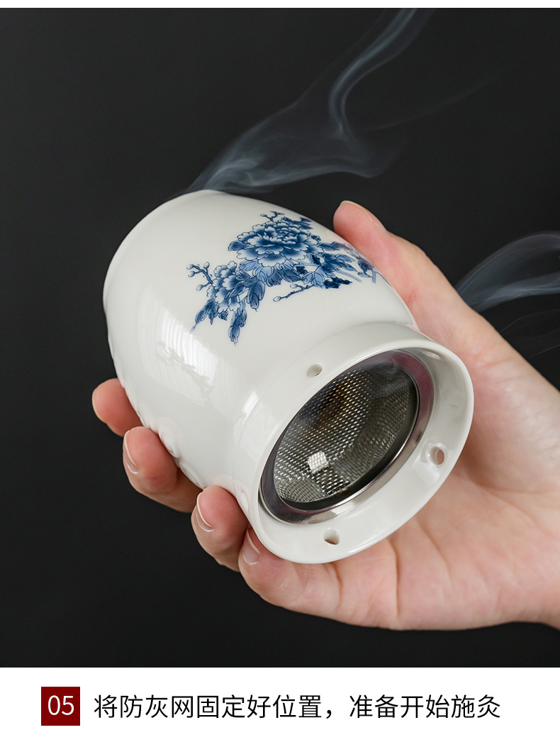 Ceramic Moxibustion Jar Heat-Resistant Moxa Box with Steel Ash Guard Portable Warming Tool for Body Care specifications