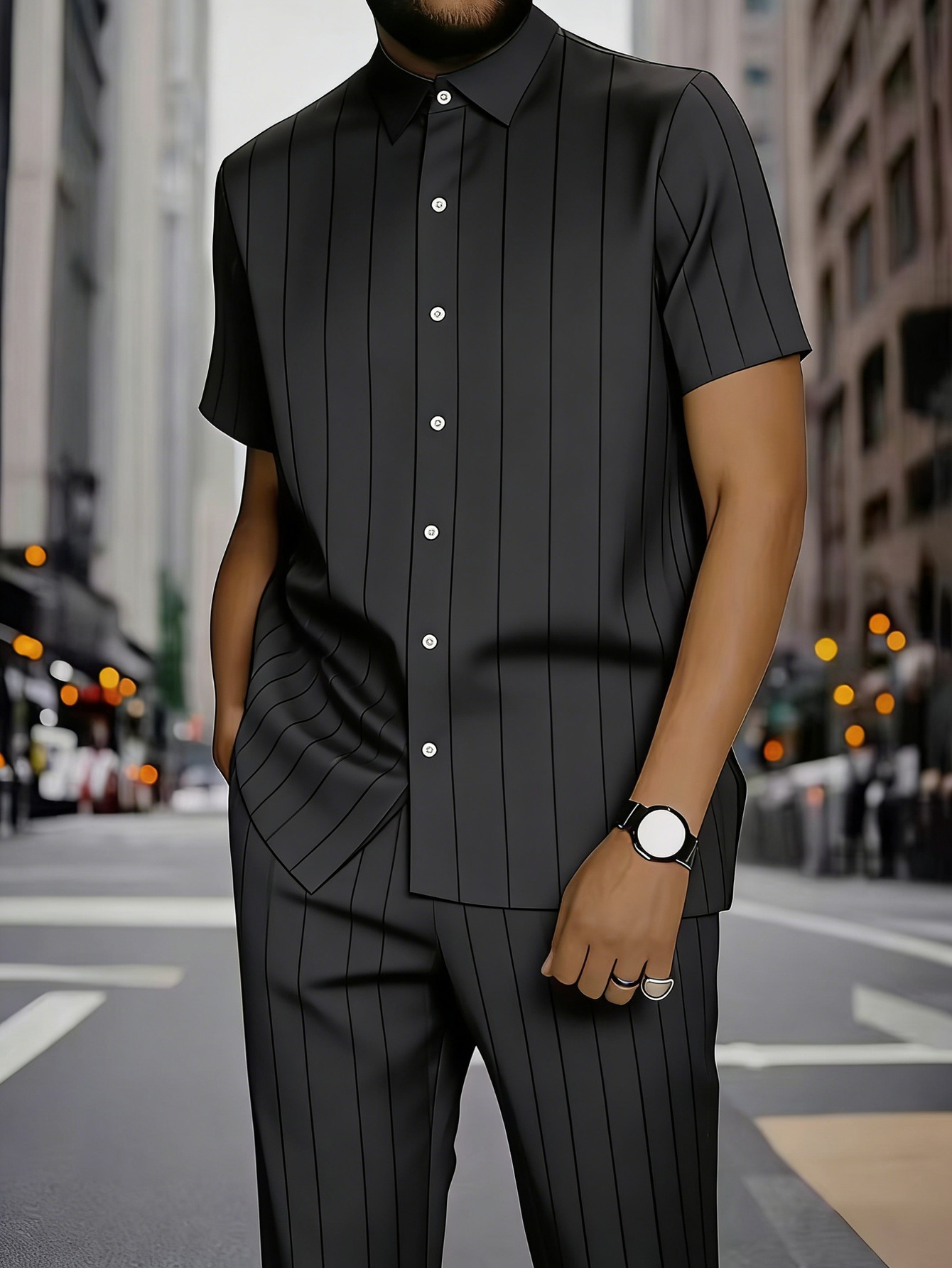 Men's Clothing Men's Commuter Style Short Sleeve Shirt And Shorts Set Collared Geometric Print Spring Summer_viptrois.com