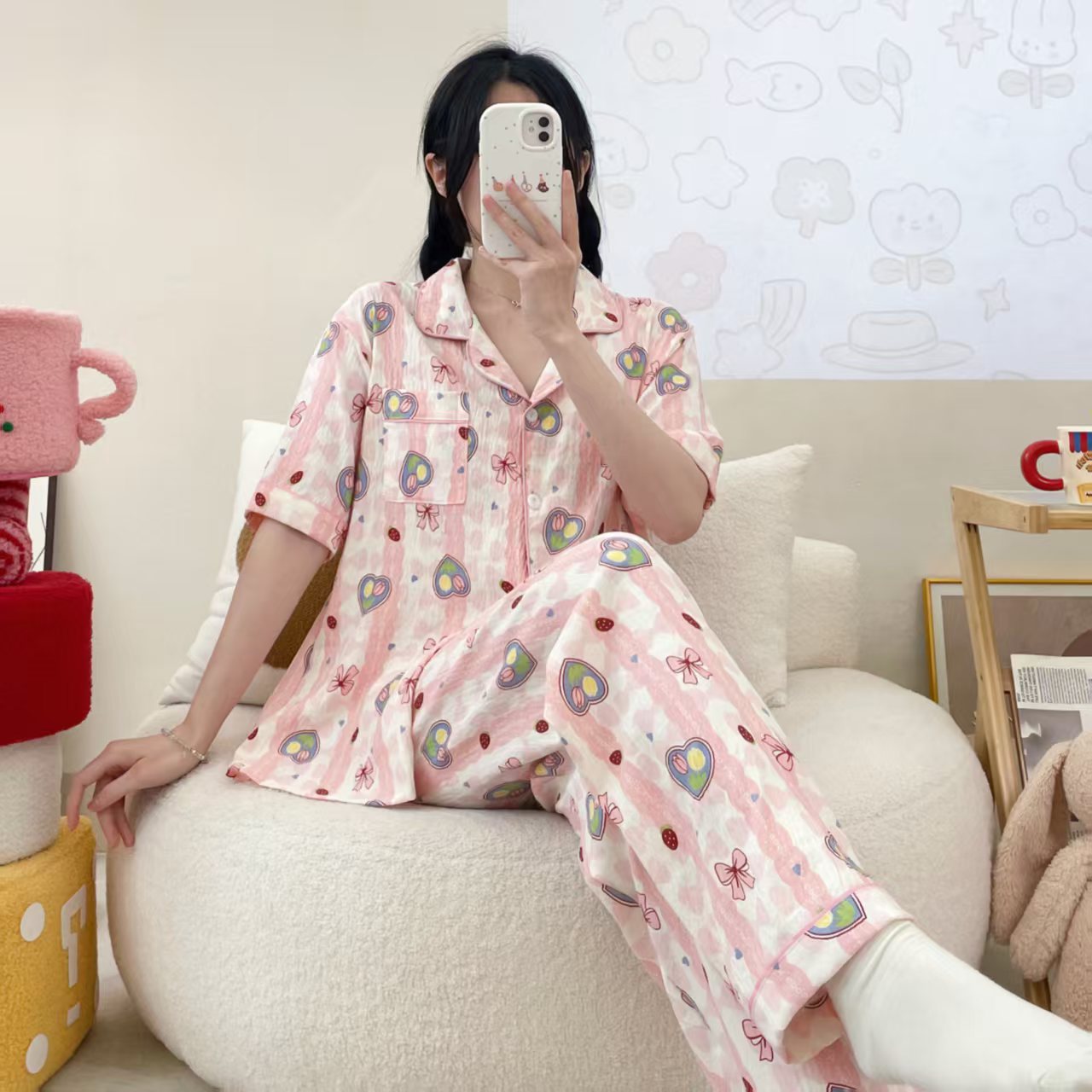 Comercio exterior al por mayor nubes de algodón de manga corta pantalones cardigans con la solapa pijamas de dibujos animados de mujer verano dulce ropa doméstica transfronteriza