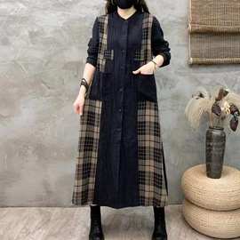 文艺复古格子长袖风衣外套女春秋季新款宽松大码中长款过膝休闲大