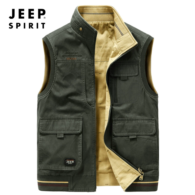 Весенне-осенний двухсторонний жилет, мужской двусторонний жилет с несколькими карманами, повседневный жилет с воротником-стойкой больших размеров 0700