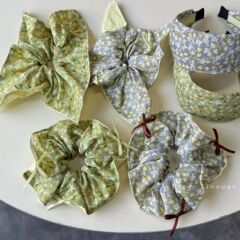 韓国のレトロな緑系の花のシュシュ