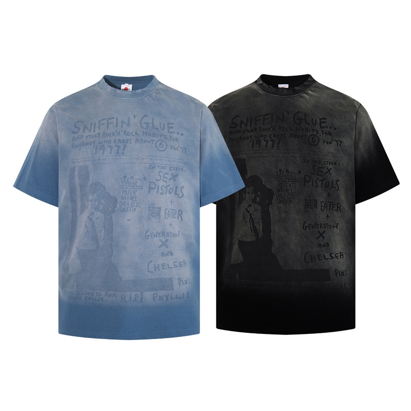 American Retro Washed Vintage Gradient Character Print Short-Sleeve T-Shirt for Men, High Street Fashion Brand, Hip-Hop Loose Fit Half-Sleeve American Retro Washed Vintage Gradient Character Print Short-Sleeve T-Shirt for Men, High Street Fashion Brand, Hip-Hop Loose Fit Half-Sleeve