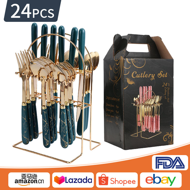 Spoon Stainless Steel Tableware 24-Piece Set Imitation Porcelain Marble Pattern Knife, Fork, Spoon Gift Box Set with Hanger Cross-Border