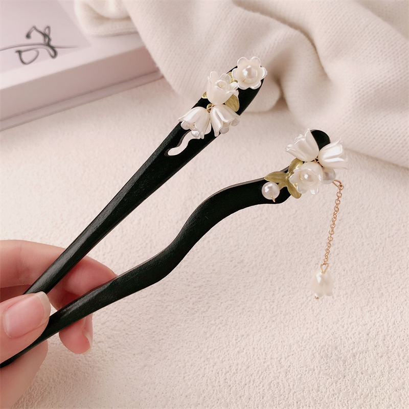Nuevo clip de madera de estilo chino antiguo clip de cabello de orquídea de campana de estilo chino de alto nivel, vestido de caballo de flores, clip de cabello de cabello