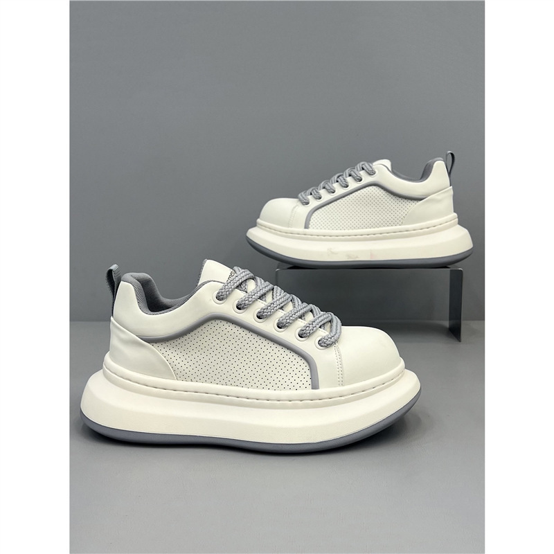 Yj Men's Fashion Genuine Leather Perforated Casual White Shoes Autum Original Trendyy Thick-Soled Sports Versatile Trendy Men's Shoes