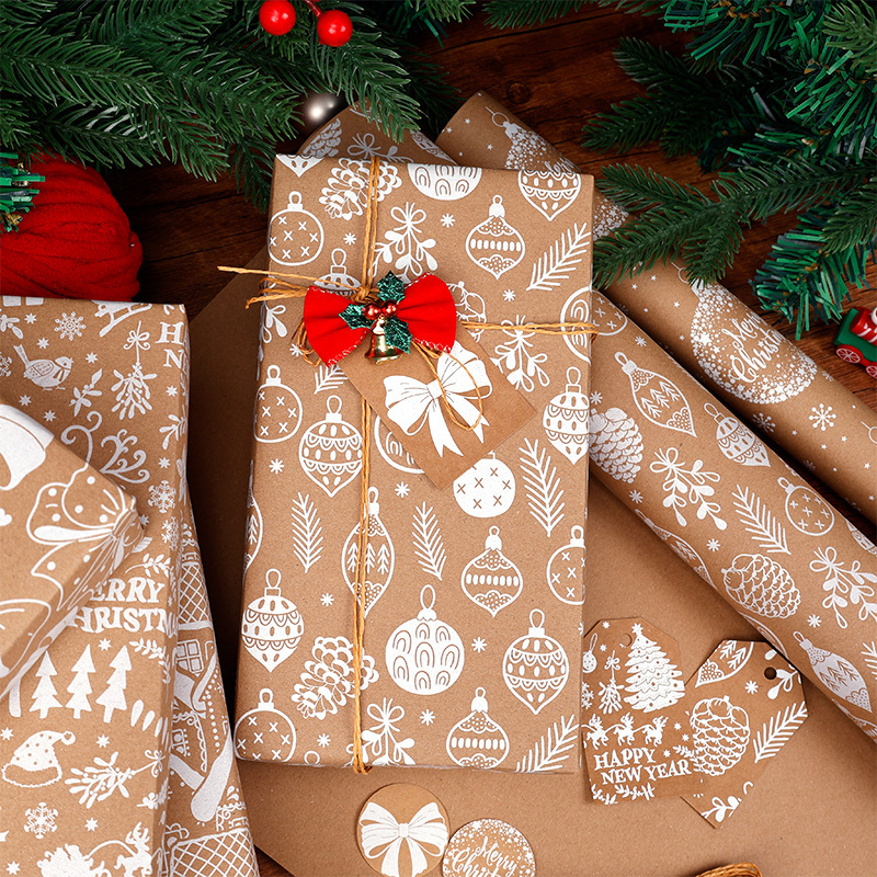 Explosiones transfronterizas de papel de embalaje de regalos de Navidad blanco 3m 10m papel de regalo de gran tamaño enrollado papel de papel retro kraft
