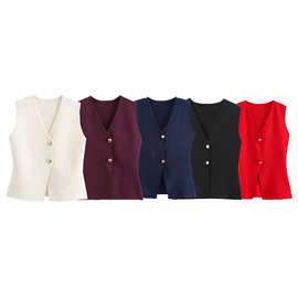 跨境2024夏季女装欧美风纯色修身金色纽扣饰针织背心式上衣B62038