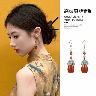 新中式红色水滴耳环古风长款耳夹无耳洞女复古蓝蝴蝶耳坠旗袍耳饰