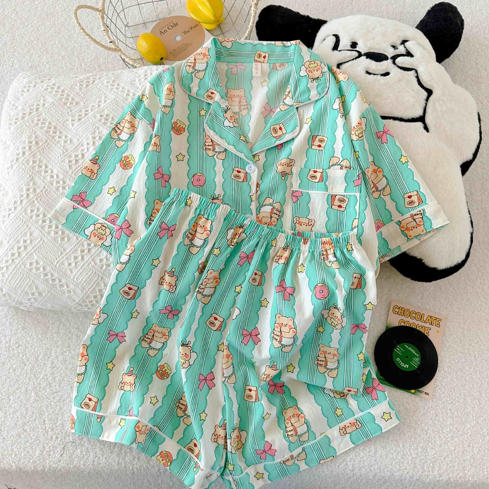 Al por mayor transfronterizo explosión de verano nubes cardigan solapa pijamas de niña dulce mangas cortas pantalones cortos set de ropa para el hogar