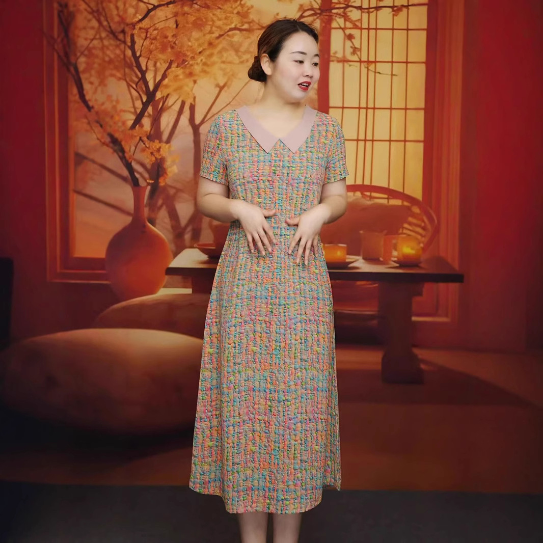 2025夏季新款洋气中年妈妈装显瘦中长款真丝双绉连衣裙女