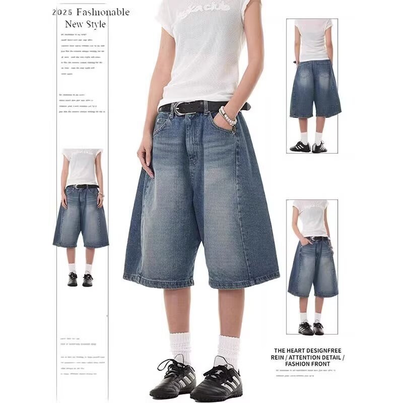 High-Street Style American-Style Oversized Curved Hem Denim Shorts for Women, Vintage Washed Design, Casual Pants, Trendy on Instagram