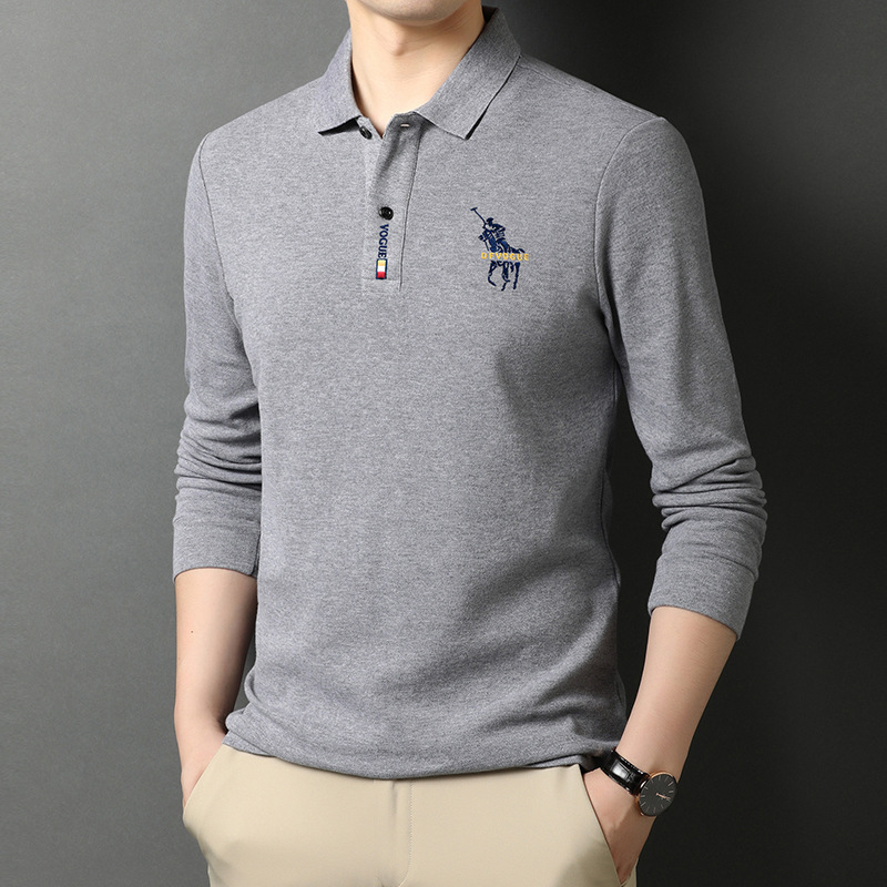 Camiseta de manga larga de los hombres camisa de polo de solapa de color sólido 2023 primavera y otoño bordado de negocios superior camisa de fondo camiseta de los hombres