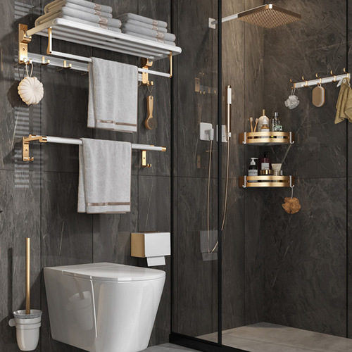 Platinum bathroom towel rack bathroom hardware pendant set space aluminum punch-free folding bath towel rack storage