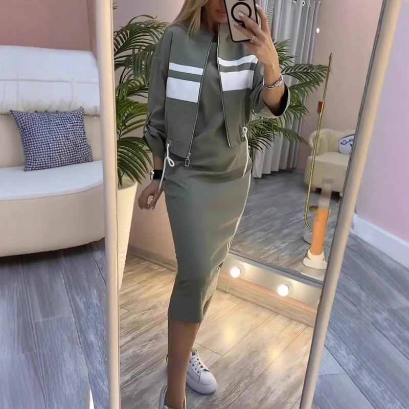 2025 Autumn European and American Cross-Border Independent Station Casual Zipper White Stripe Jacket Jacket Dress Women's Suit 2025 Autumn European and American Cross-Border Independent Station Casual Zipper White Stripe Jacket Jacket Dress Women's Suit