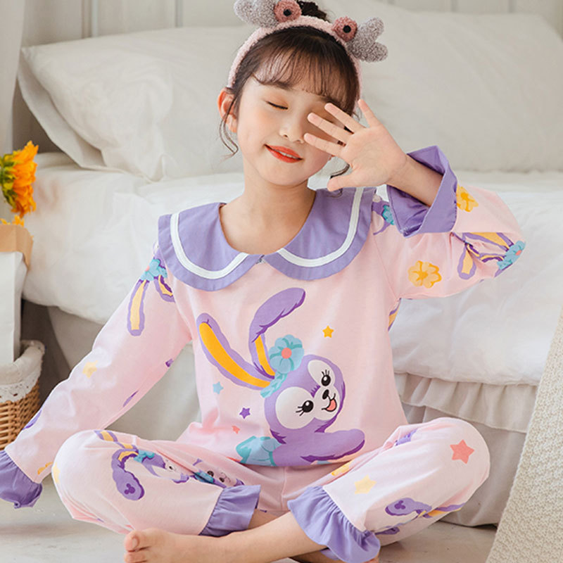 15 años de edad nueva primavera y otoño de los niños pijamas de manga larga de las mujeres lindo princesa muñeca collar de las mujeres mayores de algodón peinado desgaste del hogar de los niños
