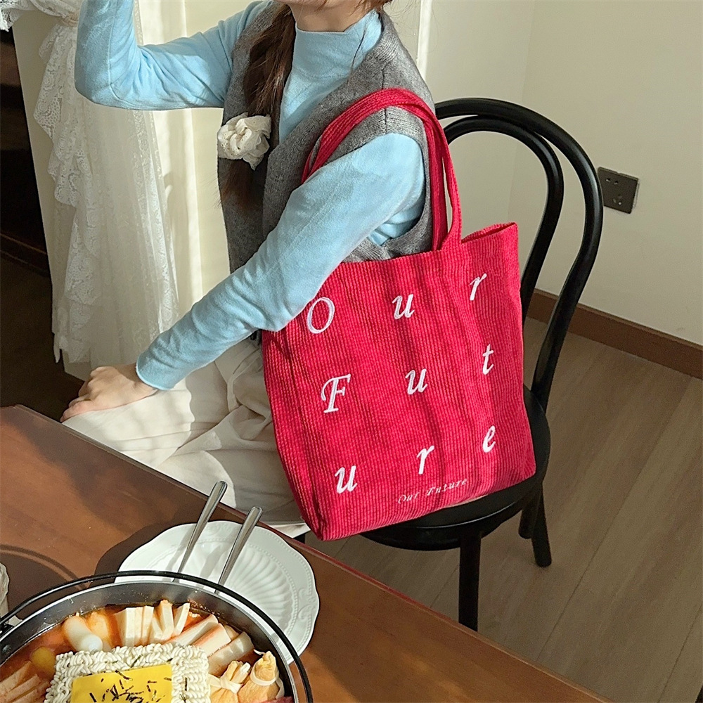 310262 embroidered letter future corduroy single-shoulder Maillard color hand-held canvas bag Women's tote bag undefined