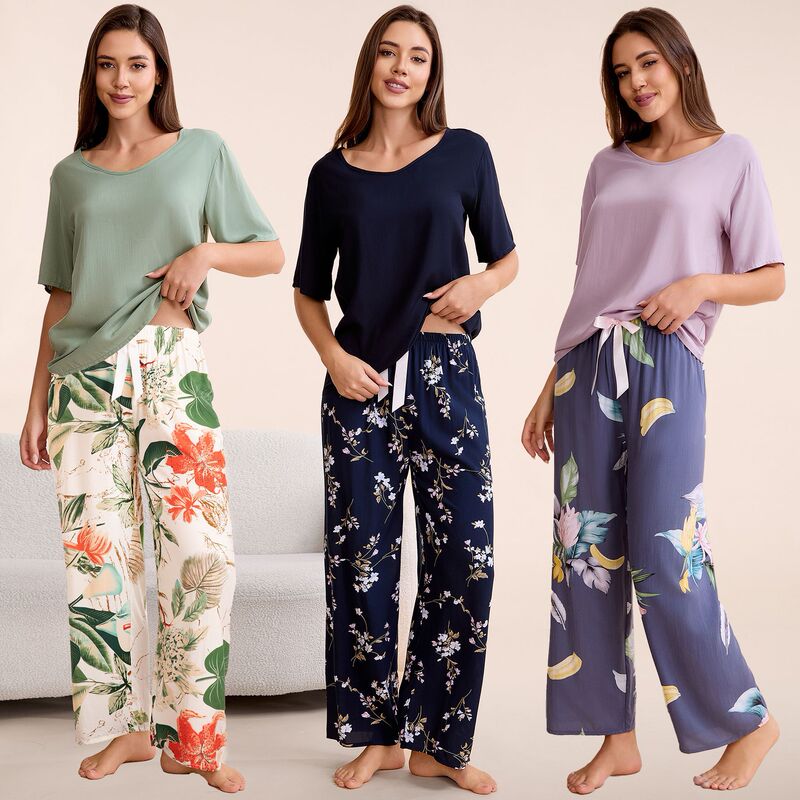S-6XL plus size fat size women's pajamas cross-border explosions spring and summer cotton T-shirt wide leg pants two-piece cotton silk home clothes S-6XL plus size fat size women's pajamas cross-border explosions spring and summer cotton T-shirt wide leg pants two-piece cotton silk home clothes