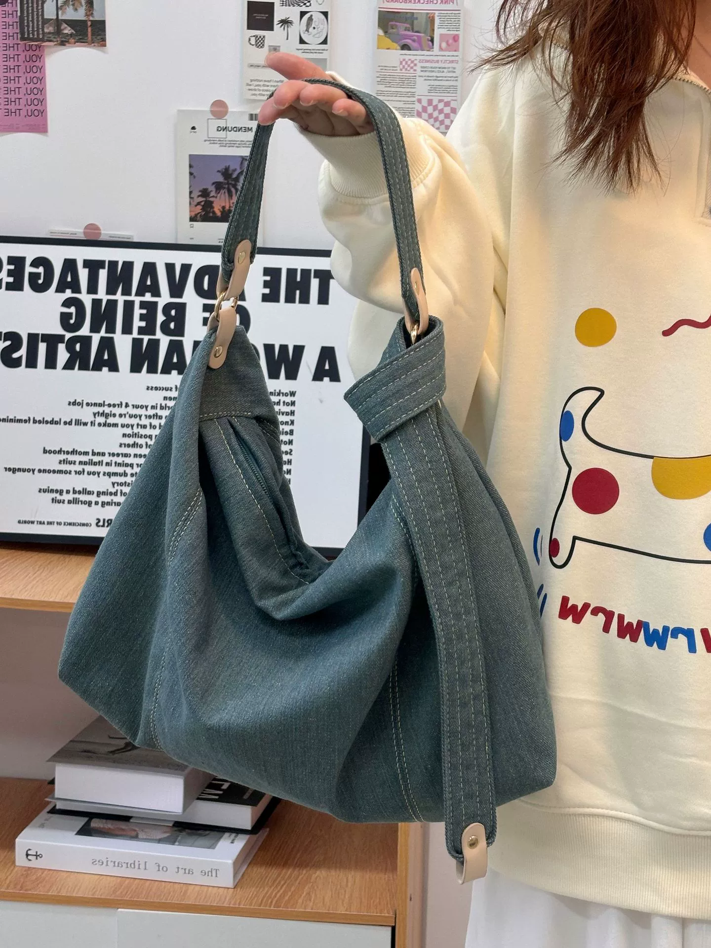 Многозанковая емкая джинсовая сумка-шопер, сумка подмышку, сумка через плечо