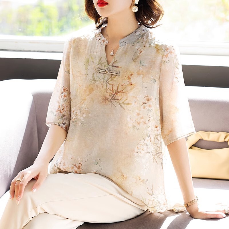 Ladieswear's Day Mom 2025 Summer New Style Chiffon Shirt Middle-Aged and Elderly Women's Summer Short-Sleeved T-Shirt Top Suit