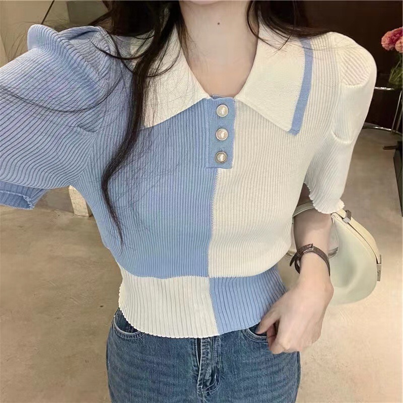 Contrast Color Plaid Polo Collar Short-Sleeved Knitwear 2025 New Summer Design Niche Short Top Contrast Color Plaid Polo Collar Short-Sleeved Knitwear 2025 New Summer Design Niche Short Top
