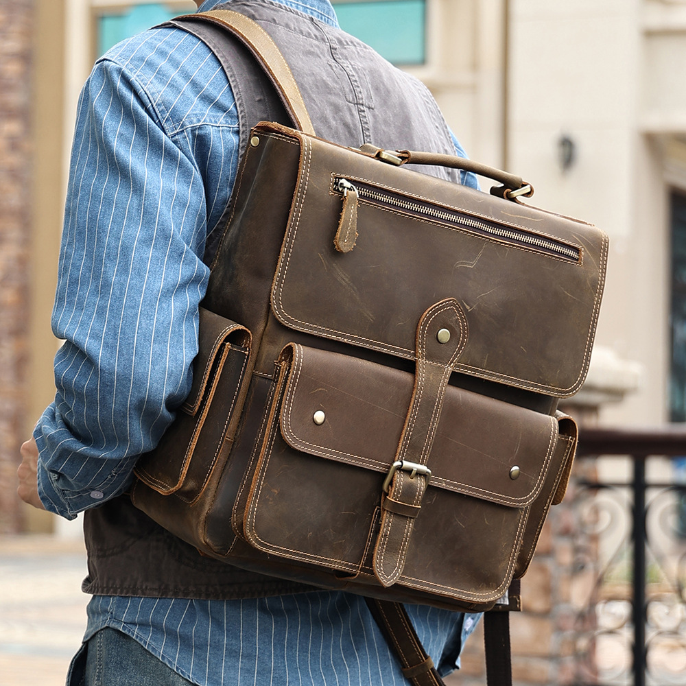 Genuine Leather Backpack For Men Vintage Cowhide Commuter Bag_voghion.com