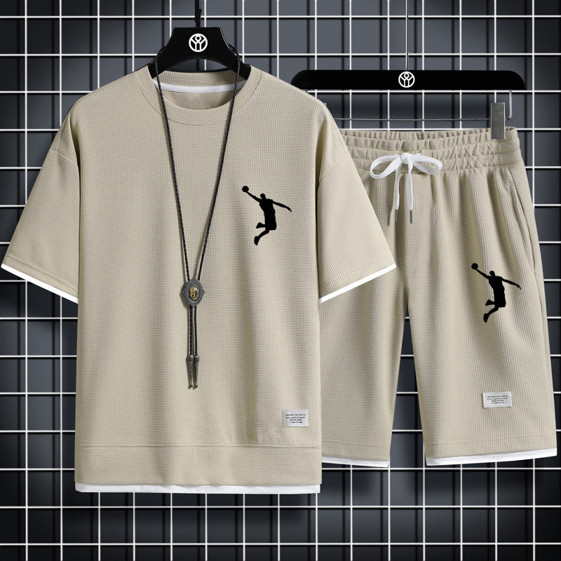 In-Stock Waffle T-Shirt Hong Kong Style Men's Dunk Print Two-Piece Set Couple Loose Trendy Plus-Size Shorts