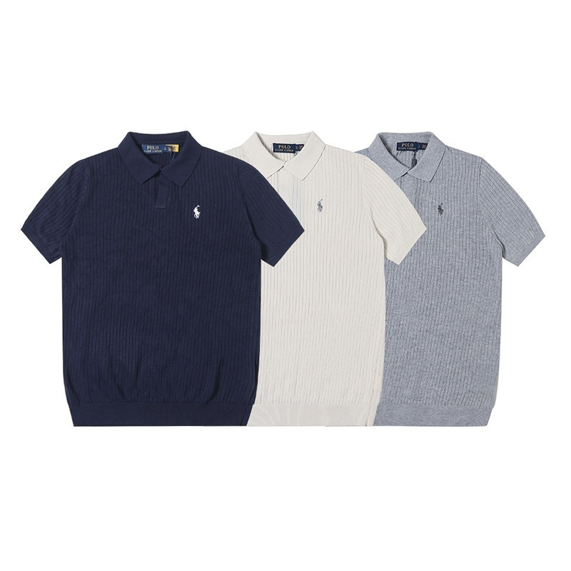 Cross-Border Foreign Trade Rl Polo Embroidered Short-Sleeve Knit Shirt with Cotton Turn-Down Collar, Simple T-Shirt for Men and Women