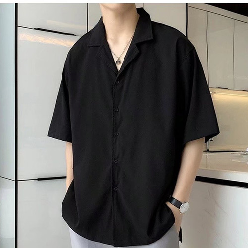 Japanese-style black Cuban collar men's summer thin short-sleeved drape shirt, youth cool style ice silk short-sleeved top