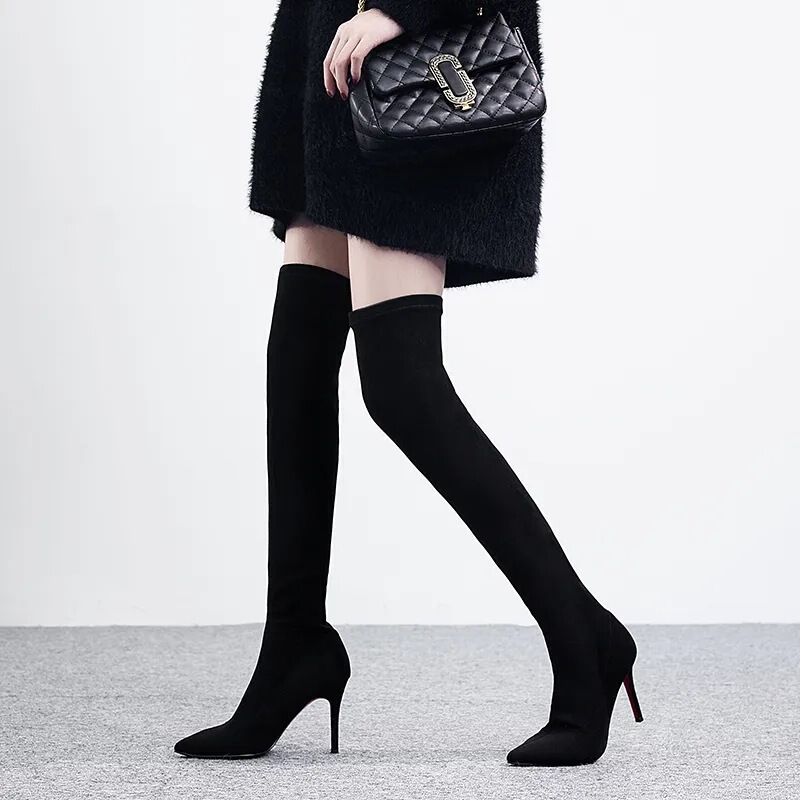 Over-The-Knee Boots for Women 2024 Autumn and Winter New Style Fleece-Lined Elastic Black High Boots for Women with Stiletto Heels Korean Style High Heels for Women Over-The-Knee Boots for Women 2024 Autumn and Winter New Style Fleece-Lined Elastic Black High Boots for Women with Stiletto Heels Korean Style High Heels for Women