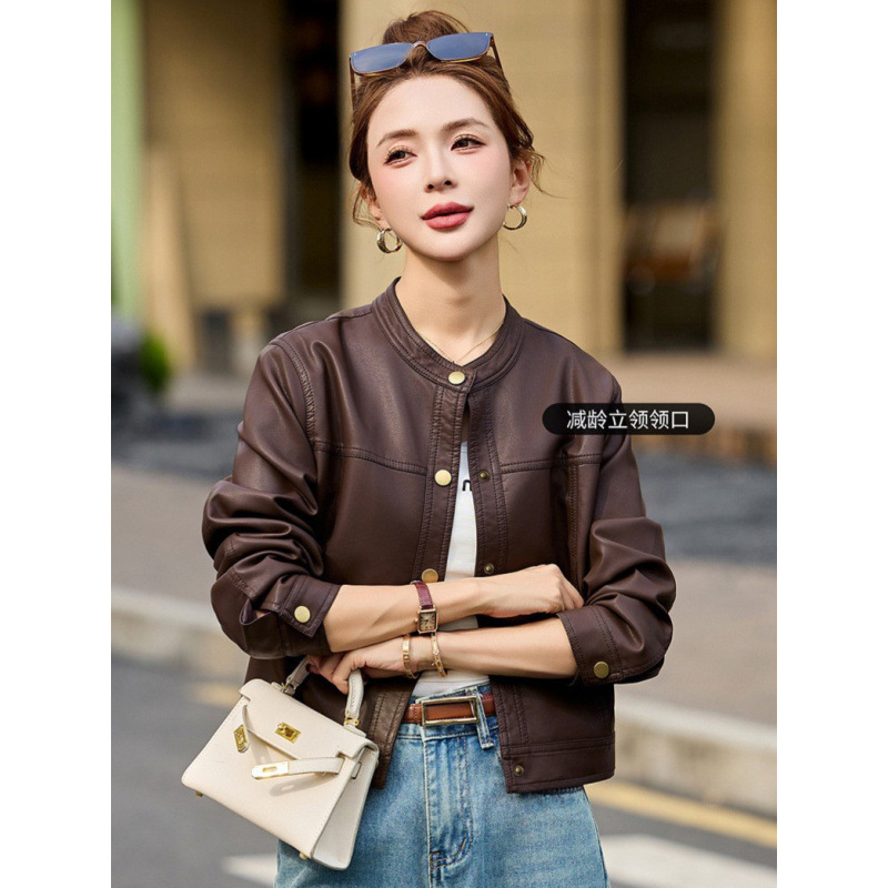 Haining Pu Leather Jacket Women's Short Korean Style Women's Leather Jacket Motorcycle Women's Clothing 2025 Autumn and Winter New Style High-End