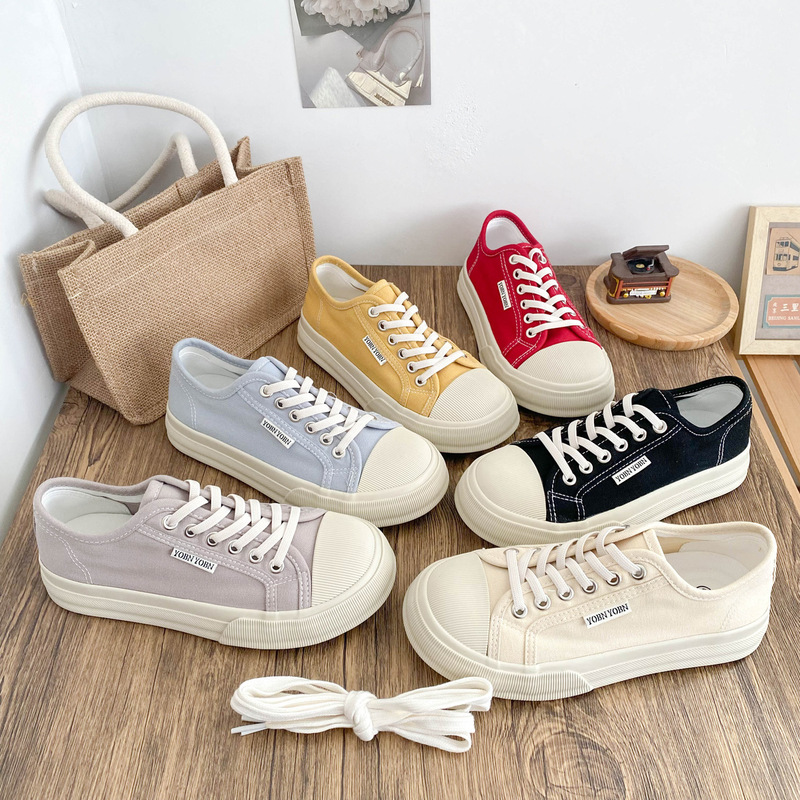 G1518 Elastic Band/Double Shoelace Thick-Soled Retro Canvas Shoes Women's Shoes Thin Breathable Sneakers Small White Shoes Small Black Shoes