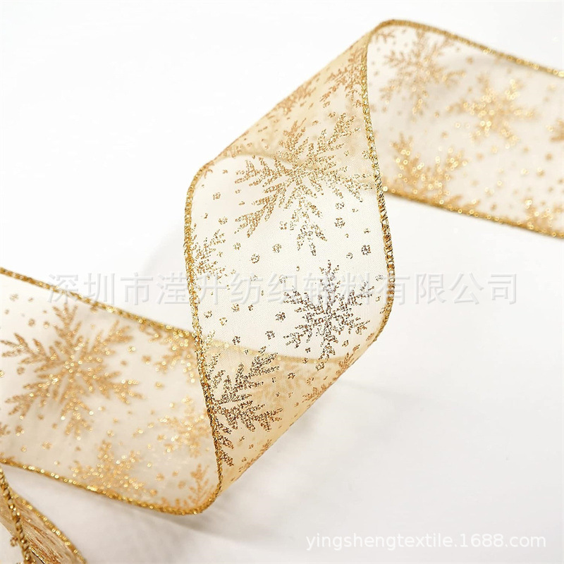 红色欧根纱带金色闪光雪花有线丝带圣诞节家居装饰礼品包装蝴蝶结