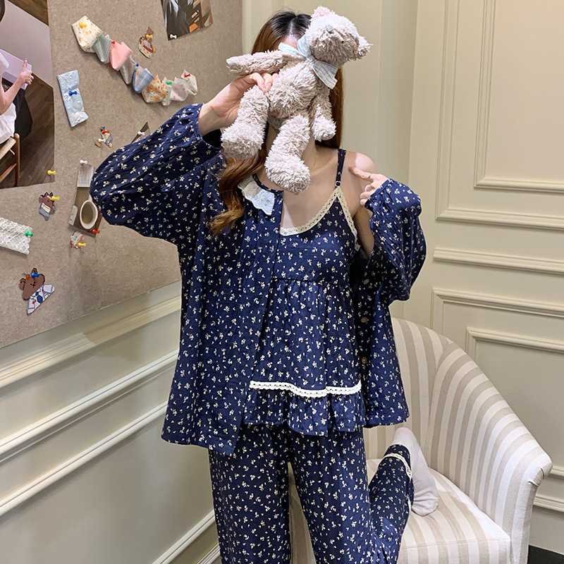 Thin Floral Long-Sleeved Suspender Three-Piece Pajamas for Women, High-End Ins Women's Bra-Free Cloud Cotton Home Clothes