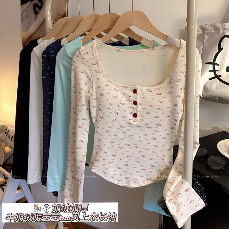 5067 # Pure Desire Style Hot Girl Floral Long Sleeve Top for Women, Autumn and Winter Brushed Warm T-Shirt with Chest Pads, Base Layer Shirt