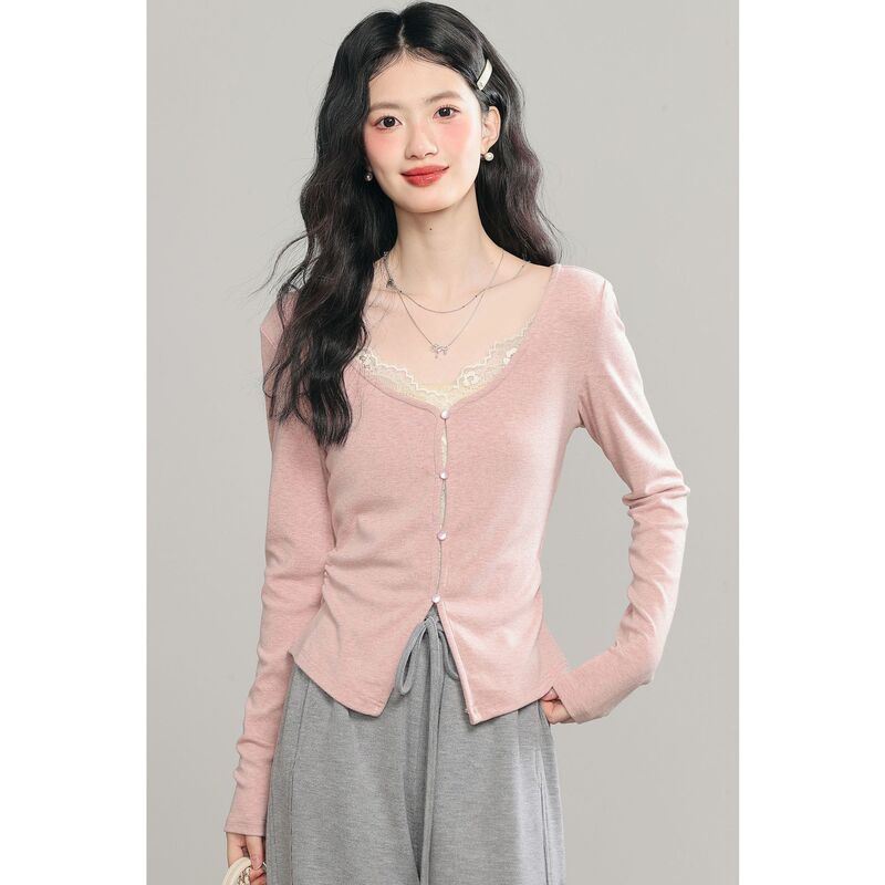Pure Cotton Korean Style Pure Lust Style Lace Splicing Fake Two-Piece V-Neck Long-Sleeved T-Shirt for Women 2025 Spring New Outer Top Pure Cotton Korean Style Pure Lust Style Lace Splicing Fake Two-Piece V-Neck Long-Sleeved T-Shirt for Women 2025 Spring New Outer Top