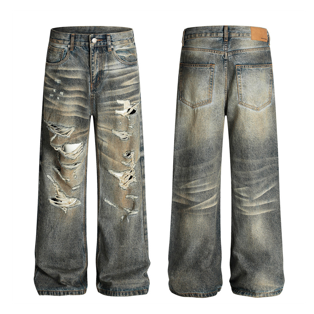"Men's Distressed Denim Jeans - Punk Style Loose Fit Washed Blue Denim Trousers For Streetwear & Grunge Fashion"_mkmklike.com