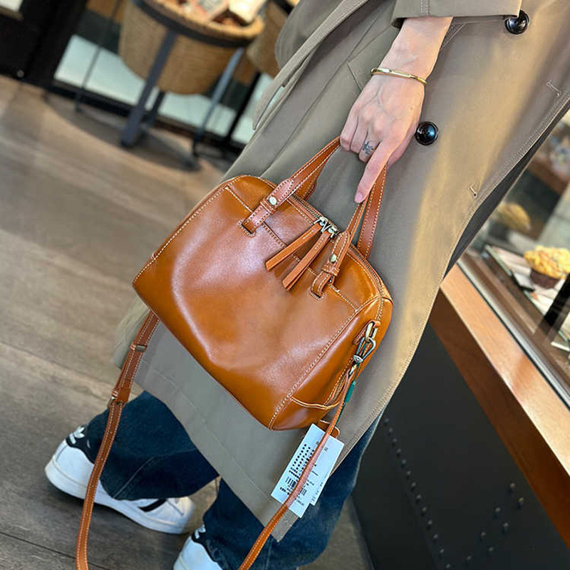 Bolso de cuero de cera de aceite, bolso de mensajero de todo fósforo para mujer, bolso de hombro portátil de viaje de gran capacidad, bolso retro Tote, venta directa