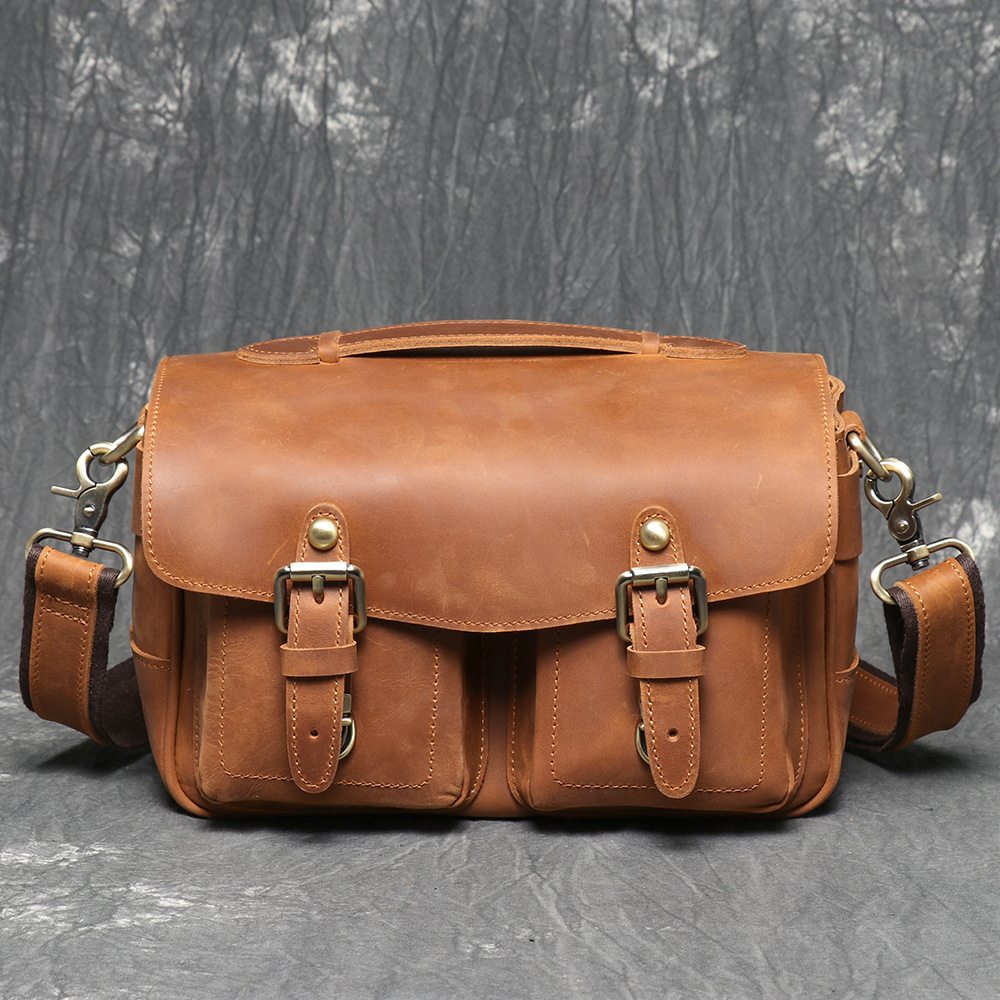 European and American retro genuine leather SLR camera bag, crazy horse leather shoulder/crossbody messenger bag, top-grain cowhide handbag/photography bag