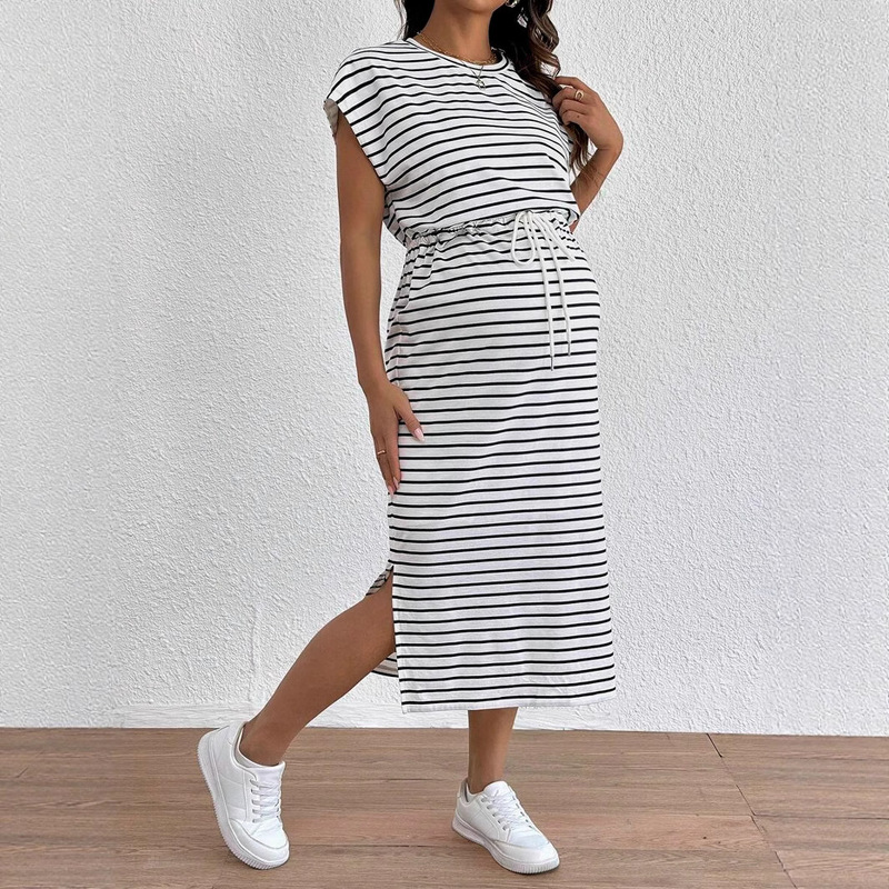 Cross-Border European and American Clothing Bat Sleeve Round Neck Pullover Loose Top Drawstring Striped Slit Suit Skirt Maternity Wear